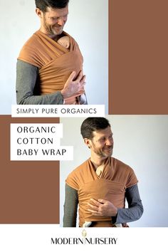 Two pictures of a father using the Simply Pure Organic Cotton Baby Wrap to hold their baby close to them. Toddler Carrier, Feeding Pillow, Travel Crib, Newborn Toys, Nursery Crib