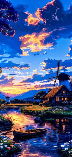 a painting of a windmill by the water with boats in front of it at sunset