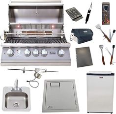 an assortment of kitchen appliances including a sink, dishwasher, stove and utensils