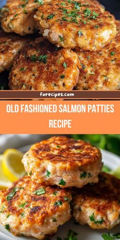 old fashioned salmon patties recipe on a plate with lemon wedges