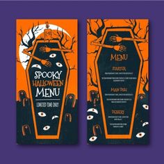 two halloween menus with an orange and black design on the front, one is for spooky