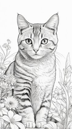 a black and white drawing of a cat sitting in the grass with flowers around it