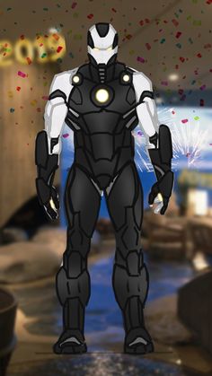 an animated iron man standing in front of a room filled with confetti and sprinkles