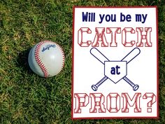 a baseball and bat are on the grass next to a sign that says, will you be my catch at prom?