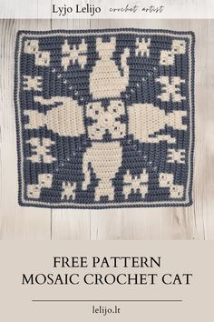 the free crochet pattern for a cat afghan is shown in blue and white