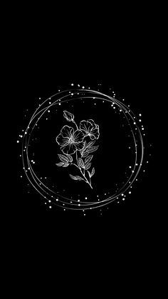 a black and white drawing of flowers in a circle on a dark background with dots