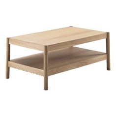 a wooden coffee table with two shelves on each side