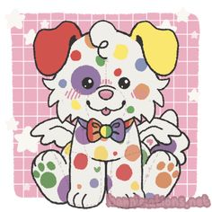 a drawing of a dog with polka dots on it's face and collar, sitting in front of a pink background