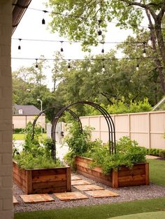 an outdoor garden with wooden planters and trelliss