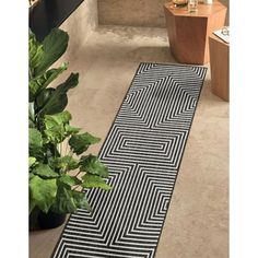 a black and white rug on the floor next to a potted plant