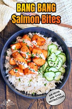 a bowl filled with rice, cucumbers and chicken