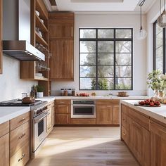 a kitchen filled with lots of wooden cabinets and counter top space next to a window