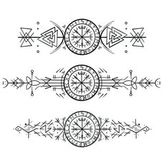 three different designs with arrows and compasss on the top one is drawn in black ink