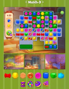 the game is playing with many different items and colors, including candy bars on each side