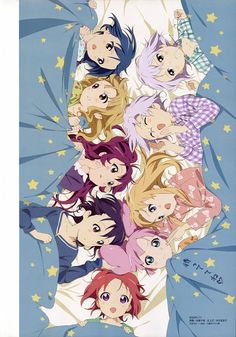 an anime character with many different colored hair and blue eyes is surrounded by other characters