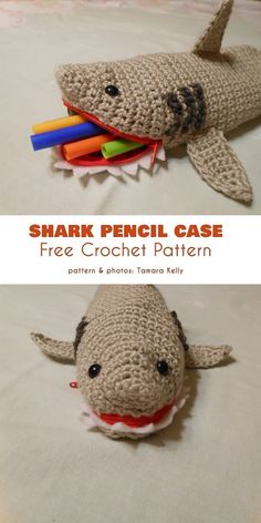 a crocheted shark with toothbrushes in it's mouth is shown