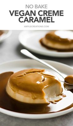 a white plate topped with pancakes covered in caramel sauce