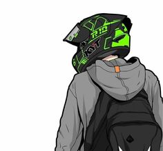 a drawing of a person wearing a motorcycle helmet and jacket with the hood pulled back