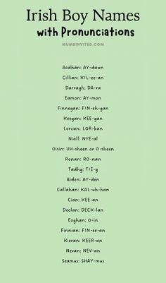 irish boy names with pronounctions in green and black on a light green background