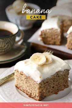 a piece of banana cake on a plate with a fork and cup of coffee in the background