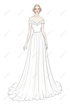 Elegant Off-shoulder A-line Designer Bridal Dress Sketch A Line Dress Illustration Fashion Sketches, Ball Gown Flat Sketch, Wedding Dress Sketches Design, Bridal Dress Sketch, Bridal Drawing, Wedding Dress Drawing, Designer Bridal Dress, Custom Wedding Dress Sketch, Wedding Dress Sketch