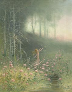 an image of a woman in the woods with her arms spread out to catch something