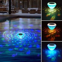 the lights in the pool are reflecting on the water and making it appear to be floating