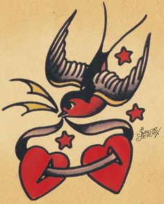 an old school tattoo design with hearts and stars