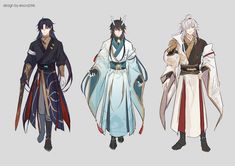 three anime characters standing next to each other wearing different outfits and holding swords in their hands