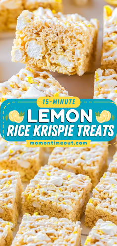 Your new favorite spring food idea! It's easy and ready in minutes. Thanks to that bright, bold flavor, these Lemon Rice Krispie Treats are much better than the original. So delicious! Save this Easter dessert recipe! Adorable Desserts, Easy Rice, Cereal Bar, Spend With Pennies, Lemon Rice, Cereal Treats