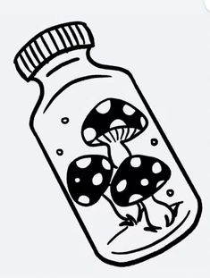 a bottle filled with mushrooms on top of a white background