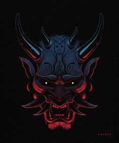 an image of a demon mask with red and blue lights on it's face