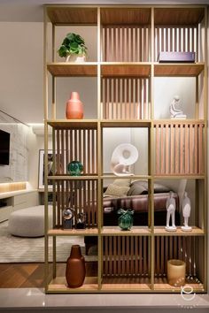 a living room filled with lots of wooden shelves