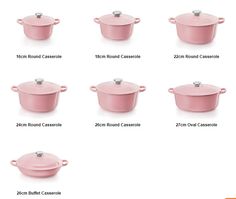 the different types of pots and pans are shown in this image, including pink