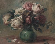 a painting of roses in a green vase on a brown tablecloth with white and pink flowers