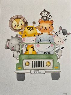 a watercolor painting of animals in the back of a truck with an elephant, giraffe and zebra