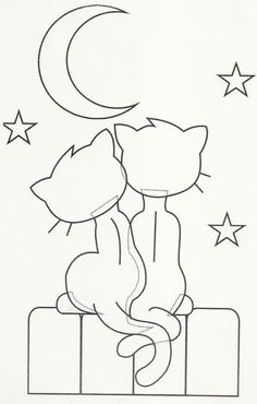 a drawing of two cats sitting next to each other on top of a box with the moon and stars above them