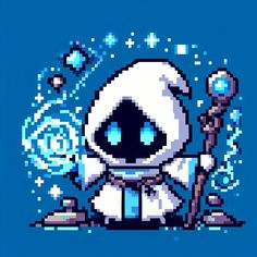 an image of a pixel art style character holding a wand and wearing a white shirt