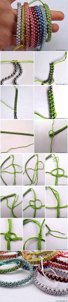 many different types of bracelets are shown in this collage, including one with green string and the other with red string