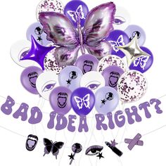 a bunch of purple and white balloons with the words bad idea rights