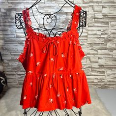 Lily White Smocked Flower Print Top. Size 2x Cute Red Floral Print Tops, Red Cotton Tops With Smocked Bodice, Red Smocked Bodice Top For Summer, Cute Red Tops With Floral Embroidery, Red Tops For Spring Daywear, White And Black Cat, Flower Print Top, White Blouse Top, White Top Women