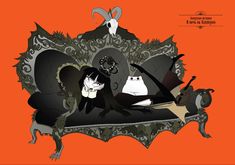 an illustration of two people sitting on a couch with cats and bats in the background