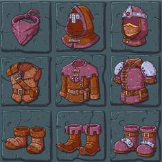 a bunch of different types of clothes and boots on display in a tile pattern style