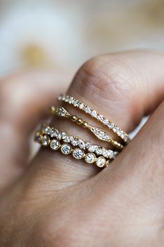 Mismatched Stacked Wedding Rings, Stacking Bands With Engagement Ring, Diamond Ring Stacking, Boho Wedding Ring Stack, Stackable Wedding Bands For Women, Wedding Ring Stack Ideas, Wedding Band Stack Ideas, Wedding Bands Stacked, Stacking Wedding Bands