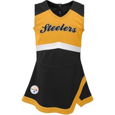 Your young little one looks like the ultimate Pittsburgh Steelers cheerleader in this Captain Jumper dress. It features a sleeveless construction and lightweight material that allows them to move freely. An unmistakable Pittsburgh Steelers design with bold team graphics and accents makes your tot the cutest fan in the room. Sleeveless Embroidered fabric applique Brand: Outerstuff Two-snap closure at back neck Outseam on size 24M measures approx. 12.5" Imported Officially licensed Machine wash, t Pittsburgh Steelers Cheerleaders, Steelers Cheerleaders, Steelers Outfit, Cheer Dress, Steelers Baby, Cheer Captain, Steelers Girl, Cheer Girl, Cheerleading Outfits