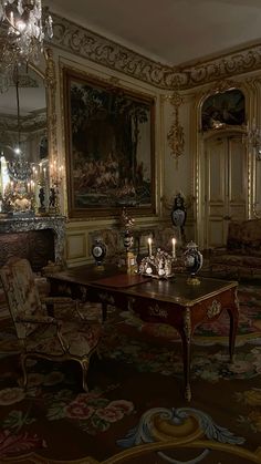 an ornately decorated living room with chandeliers