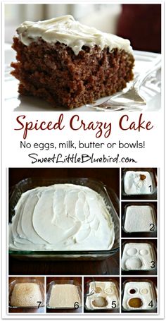 the instructions for how to make a spiced crazy cake with white frosting