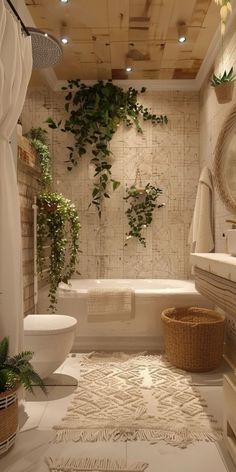 a white bathroom with plants growing on the walls and floor, along with a bathtub