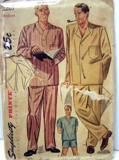 Men's Pajamas Vintage Sewing Pattern Simplicity 2207 Size Medium The look of the post war years, 1940's Pyjamas Men, 70s Sewing, Mens Pajama, Men's Pajamas, Short Pajamas, 1950s Mens, Pajama Pattern, Lady Style, Simplicity Sewing