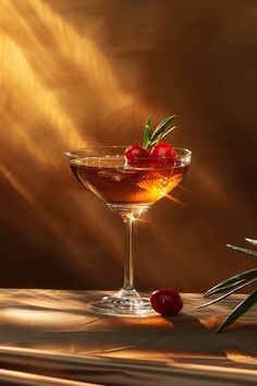 a glass filled with liquid and cherries sitting on top of a table next to an olive branch